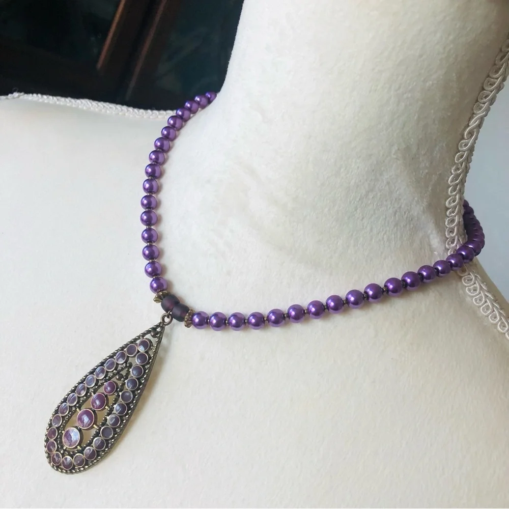 Handcrafted repurpose purple enamel raindrop pendant Czech glass Pearl necklace